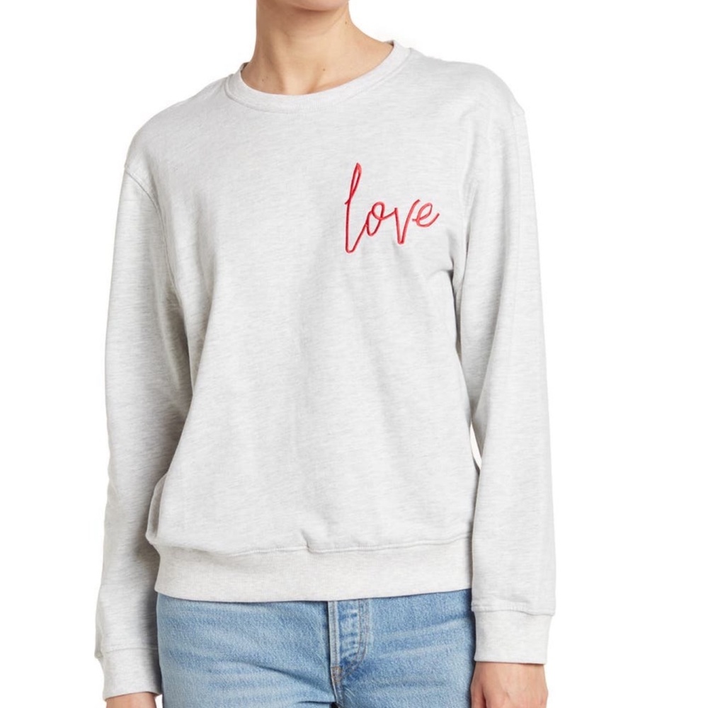 French Connection Love Embroidered Pullover Sweatshirt Gray XS NEW